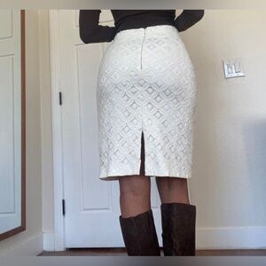 Cream/ White lace midi skirt with back slit, fully lined.